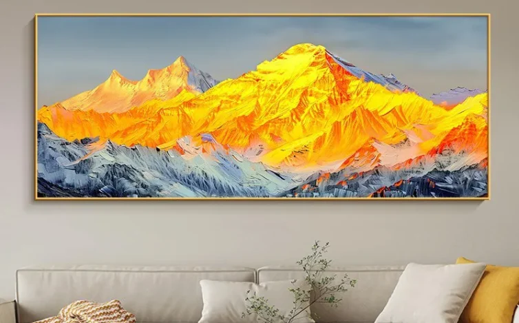 Oversized Golden Mountain Textured Landscape Wall Art – Large-Scale Impasto Mountain Decor