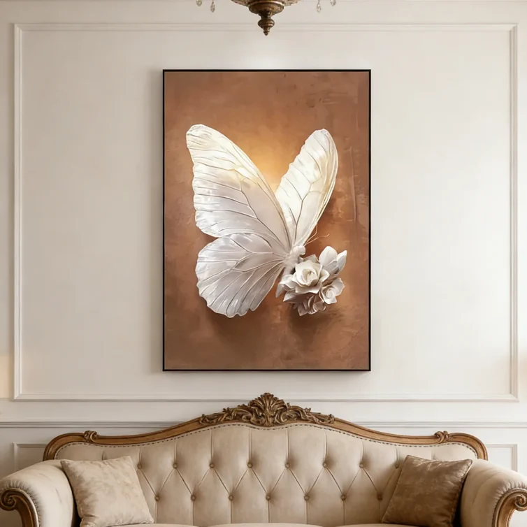 3D White Butterfly & Rose Textured Wall Art – Modern Luxury Living Room Decor