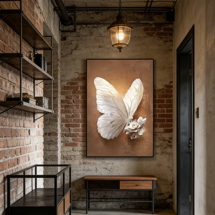 3D White Butterfly & Rose Textured Wall Art – Modern Luxury Living Room Decor