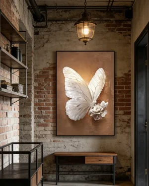 3D White Butterfly & Rose Textured Wall Art – Modern Luxury Living Room Decor