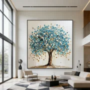 Large Scale Textured Blue & Gold Fortune Tree Large-Scale Wall Art