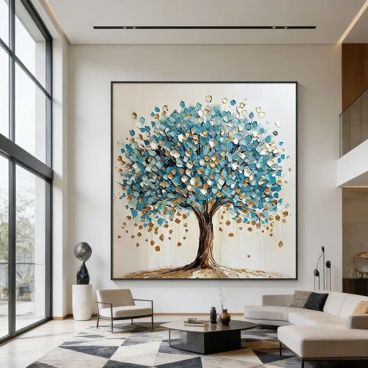 Large Scale Textured Blue & Gold Fortune Tree Large-Scale Wall Art