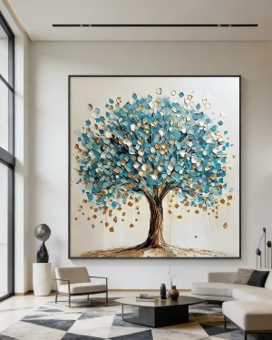 Large Scale Textured Blue & Gold Fortune Tree Large-Scale Wall Art