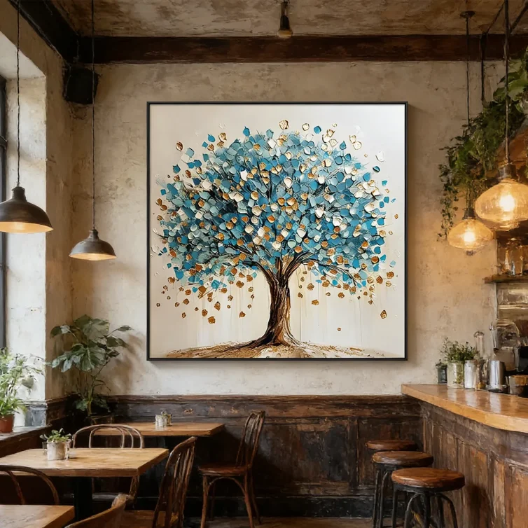 Large Scale Textured Blue & Gold Fortune Tree Large-Scale Wall Art
