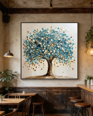 Large Scale Textured Blue & Gold Fortune Tree Large-Scale Wall Art