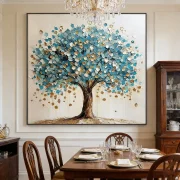 Large Scale Textured Blue & Gold Fortune Tree Large-Scale Wall Art