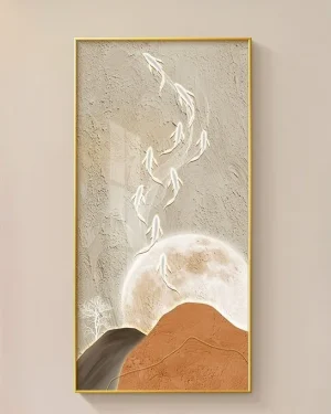 Large-Sized 3D Textured Wall Art | Moon & Glowing Fish Vertical Canvas Painting for Modern Entryway Decor