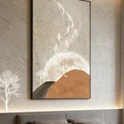 Large-sized 3D textured vertical entryway wall art - glowing fish & moon impasto canvas painting for modern minimalist home decor
