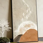 Large-sized 3D textured vertical entryway wall art - glowing fish & moon impasto canvas painting for modern minimalist home decor