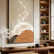 Large-sized 3D textured vertical entryway wall art - glowing fish & moon impasto canvas painting for modern minimalist home decor
