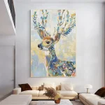 Colorful Floral Deer Abstract Wall Art - Whimsical Botanical Animal Canvas Painting for Living Room Decor