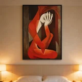 FavoredArt Oversized Abstract Red Figure Wall Art: Large cubist canvas with bold crimson tones. Perfect as a dining/living room statement decor for modern US homes. Shop now!