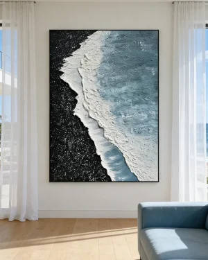 Beach Large Wall Art – Textured Wave Black & Blue Canvas Decor