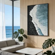 Hand-painted beach large wall art, showcasing a realistic 3D ocean wave texture, paired with a modern sofa and floor-to-ceiling windows overlooking the sea.