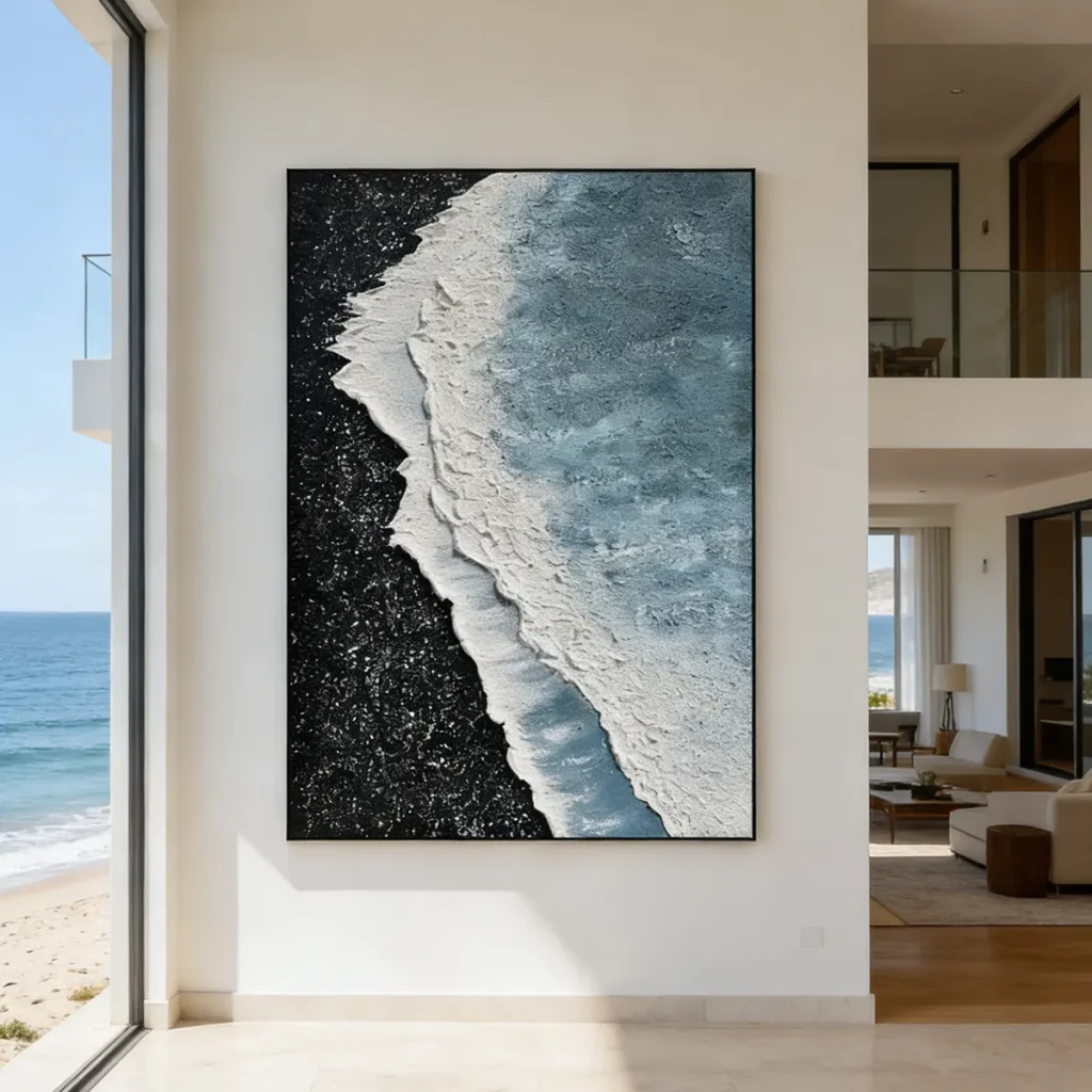 Beach Large Wall Art – Textured Wave Black & Blue Canvas Decor