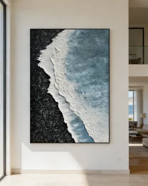 Beach Large Wall Art – Textured Wave Black & Blue Canvas Decor
