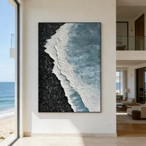 Beach Large Wall Art – Textured Wave Black & Blue Canvas Decor