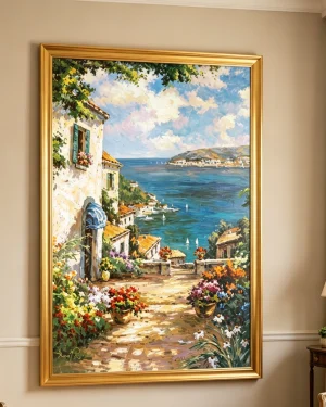 Mediterranean Coastal Village Oil Painting | Large Canvas Wall Art for Living Room