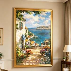 Mediterranean Coastal Village Oil Painting | Large Canvas Wall Art for Living Room