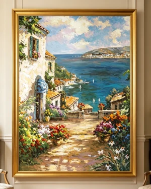 Mediterranean Coastal Village Oil Painting | Large Canvas Wall Art for Living Room