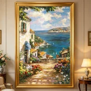 Mediterranean Coastal Village Oil Painting displayed in a bright living room