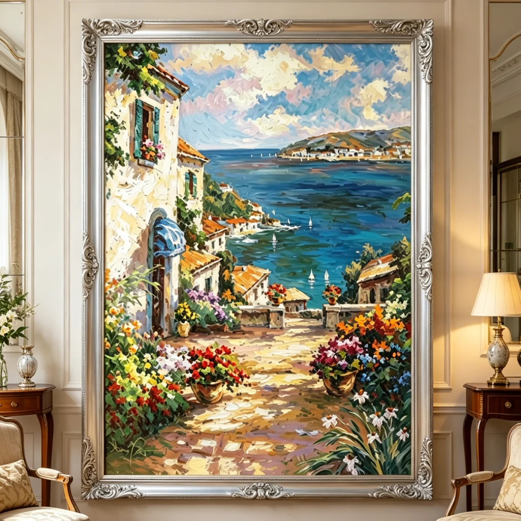 Mediterranean Coastal Village Oil Painting - Large Canvas Wall Art