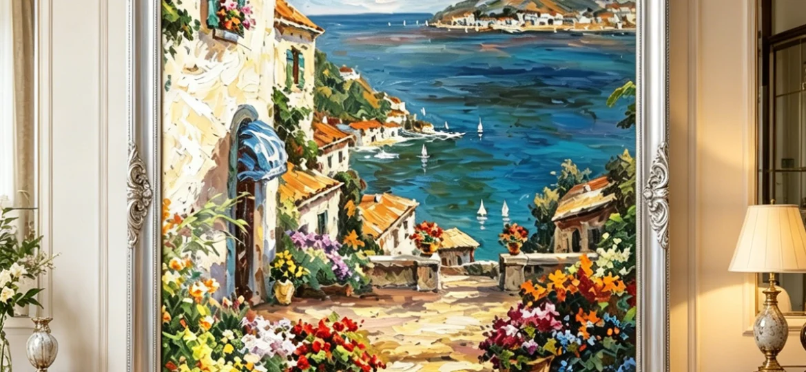 Mediterranean Coastal Village Oil Painting - Large Canvas Wall Art