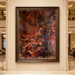 Luxury earth tones ferrous rock wall decor, vintage red purple mineral vein framed painting, vertical ore texture artwork above luxury hotel resort reception desk