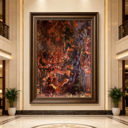 Luxury earth tones ferrous rock wall decor, vintage red purple mineral vein framed painting, vertical ore texture wall decor in European hotel lobby corridor interior