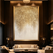 Light luxury gold white textured abstract hospitality wall art with gold aluminum frame, hung on hotel reception lobby wall