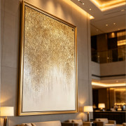 Oversized gold white abstract hospitality wall art golden frame, hotel lounge wall decor background